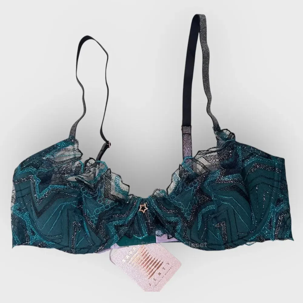 Savage X Fenty Shining Star Embroidered Half Cup Plunge Bra 36D | Blue Festival
